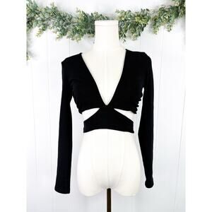 Zara Black Cut Out Crop Top Medium Long Sleeve Plunge V Neck